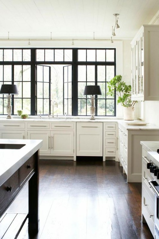 white kitchen black windows